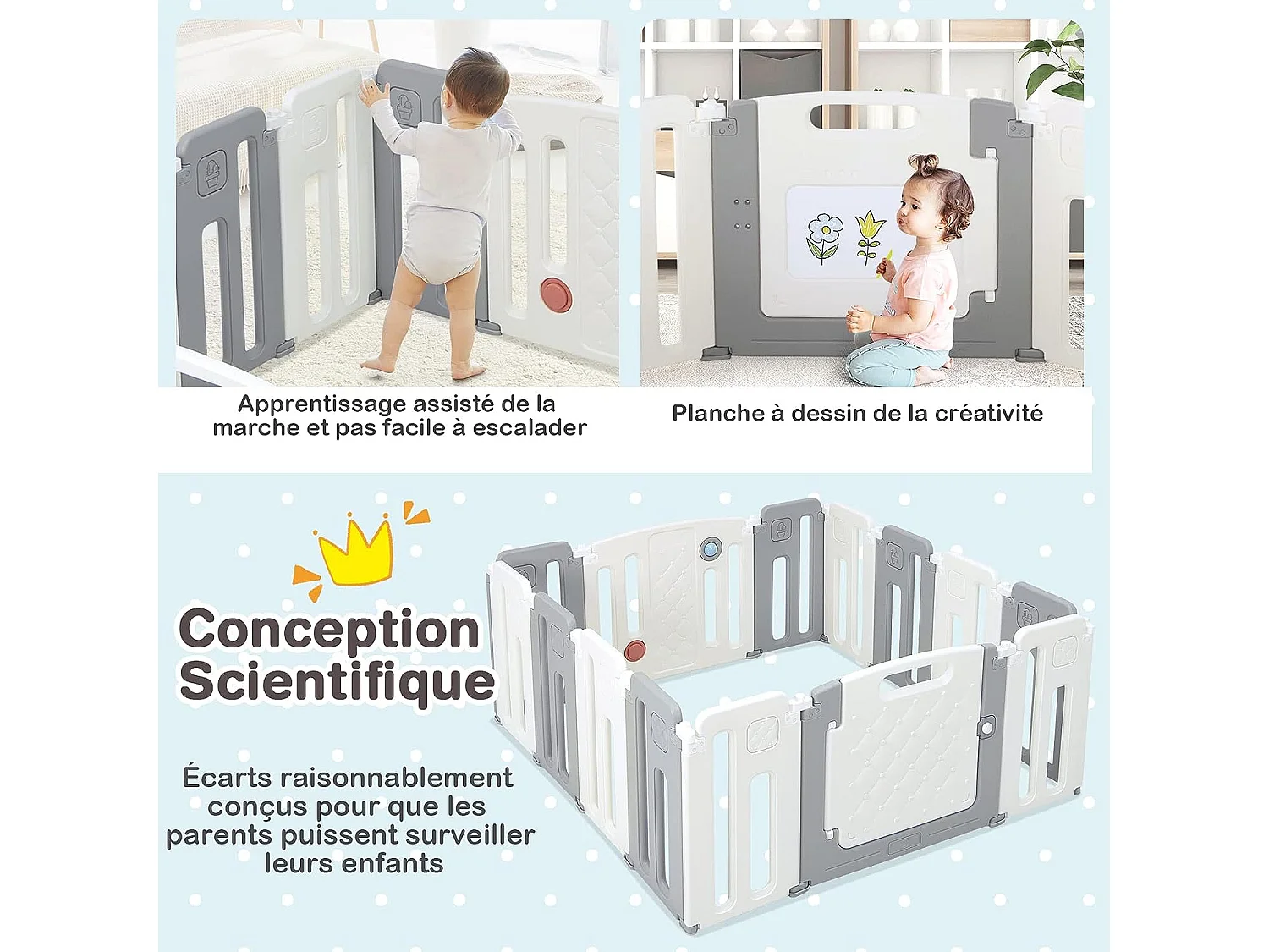 Parc bébé plastique pliable 12+2 panneaux d'activité et de porte avec loquet de sécurité