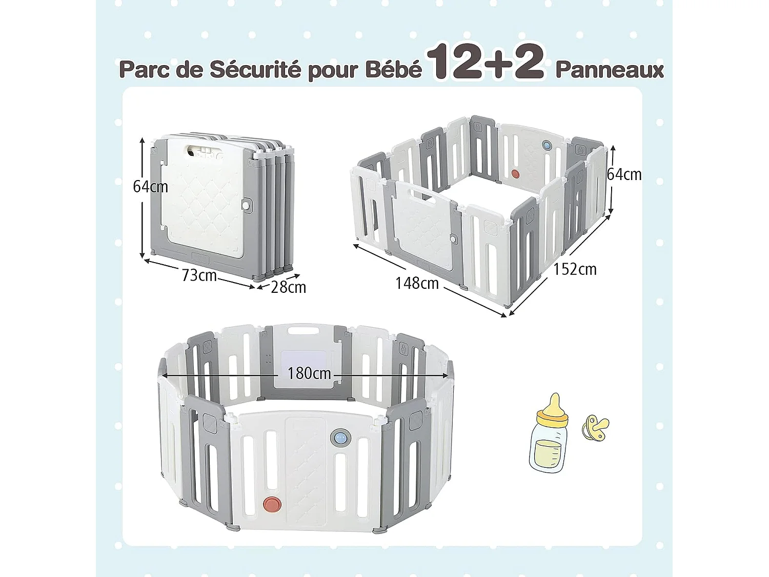 Parc bébé plastique pliable 12+2 panneaux d'activité et de porte avec loquet de sécurité