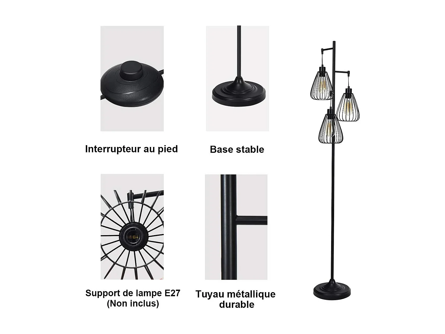 Lampadaire style industriel 170x25cm,193cm câble e27 (ampoule non incluse)