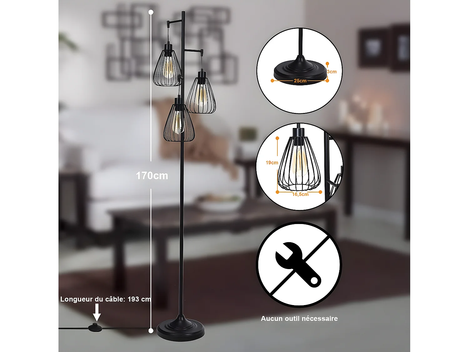 Lampadaire style industriel 170x25cm,193cm câble e27 (ampoule non incluse)