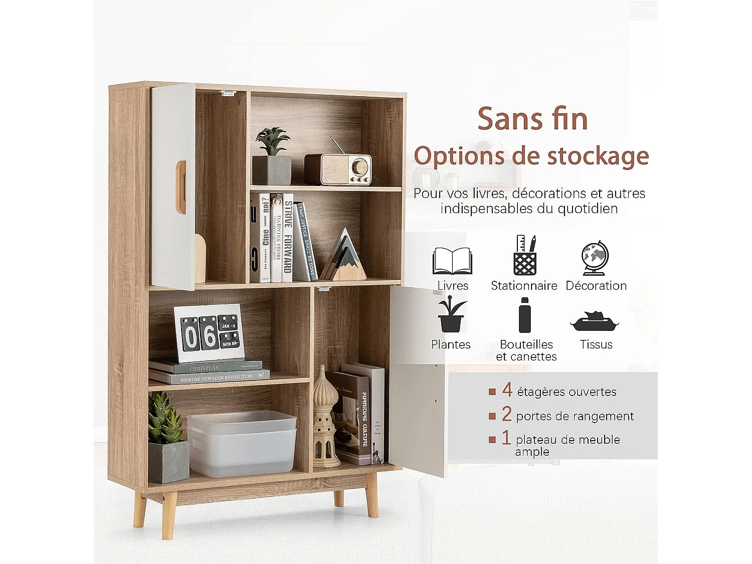 Bibliothèque, étagère à 4 niveaux avec 2 portes, meuble de rangement avec patins anti-rayures et dispositif anti-basculement (blanc+naturel)