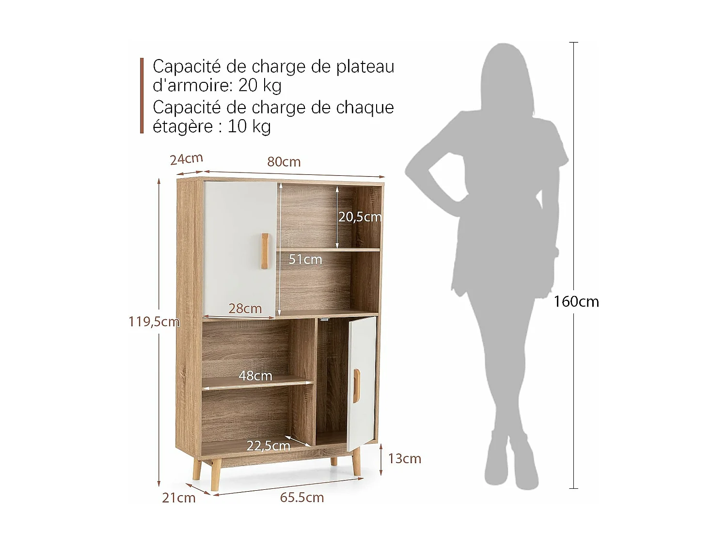 Bibliothèque, étagère à 4 niveaux avec 2 portes, meuble de rangement avec patins anti-rayures et dispositif anti-basculement (blanc+naturel)