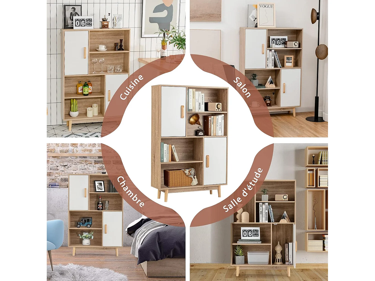 Bibliothèque, étagère à 4 niveaux avec 2 portes, meuble de rangement avec patins anti-rayures et dispositif anti-basculement (blanc+naturel)