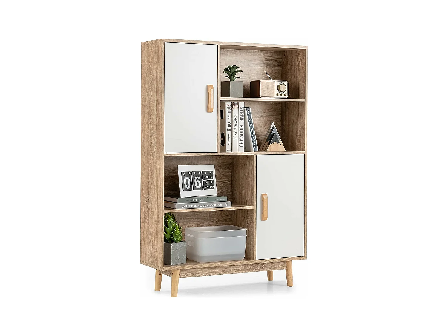 Bibliothèque, étagère à 4 niveaux avec 2 portes, meuble de rangement avec patins anti-rayures et dispositif anti-basculement (blanc+naturel)