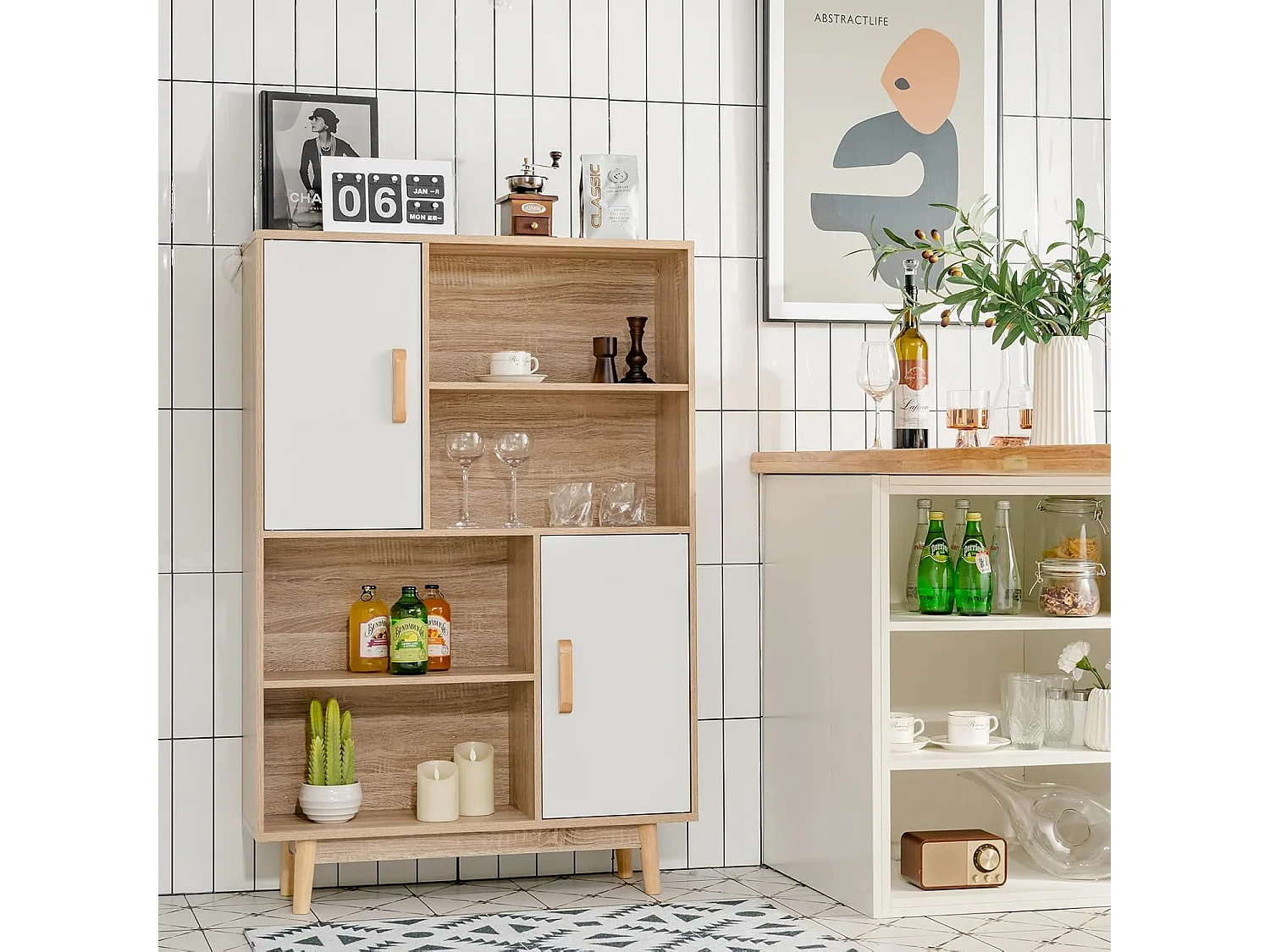 Bibliothèque, étagère à 4 niveaux avec 2 portes, meuble de rangement avec patins anti-rayures et dispositif anti-basculement (blanc+naturel)