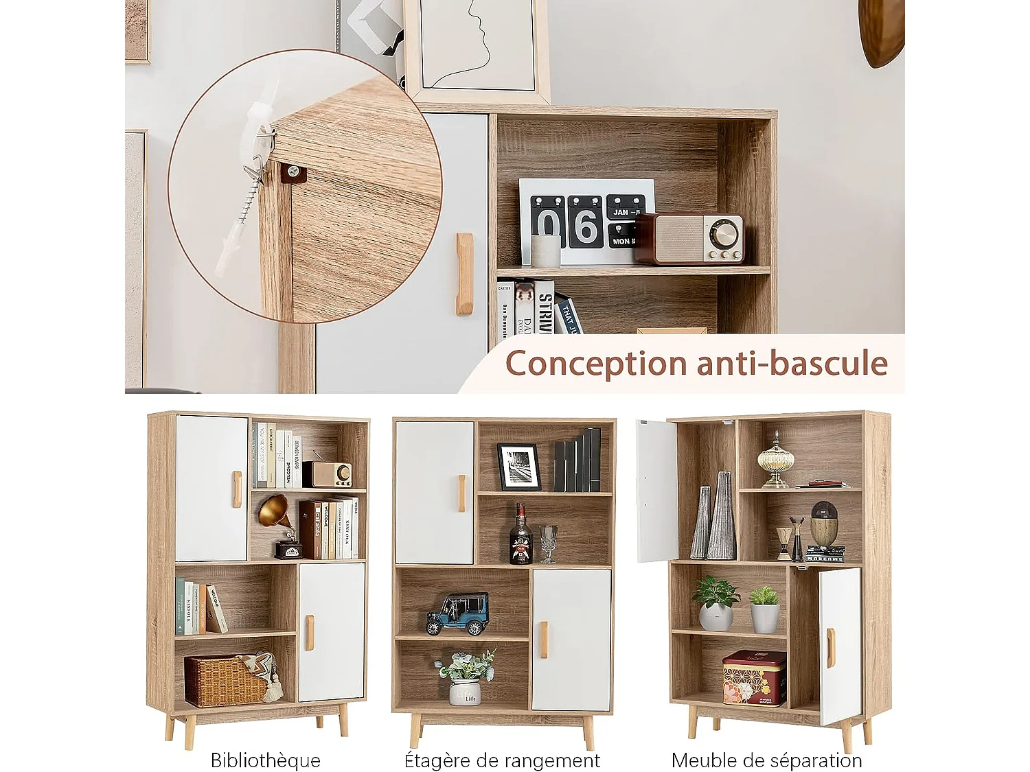 Bibliothèque, étagère à 4 niveaux avec 2 portes, meuble de rangement avec patins anti-rayures et dispositif anti-basculement (blanc+naturel)