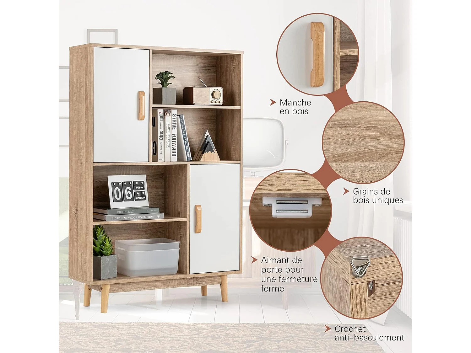 Bibliothèque, étagère à 4 niveaux avec 2 portes, meuble de rangement avec patins anti-rayures et dispositif anti-basculement (blanc+naturel)
