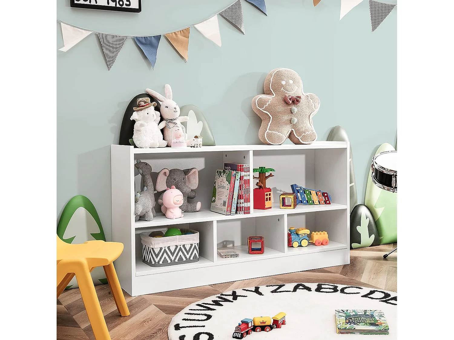 Bibliothèque pour enfants, avec 5 compartiments et patins antidérapants, 111 x 30 x 61,5 cm