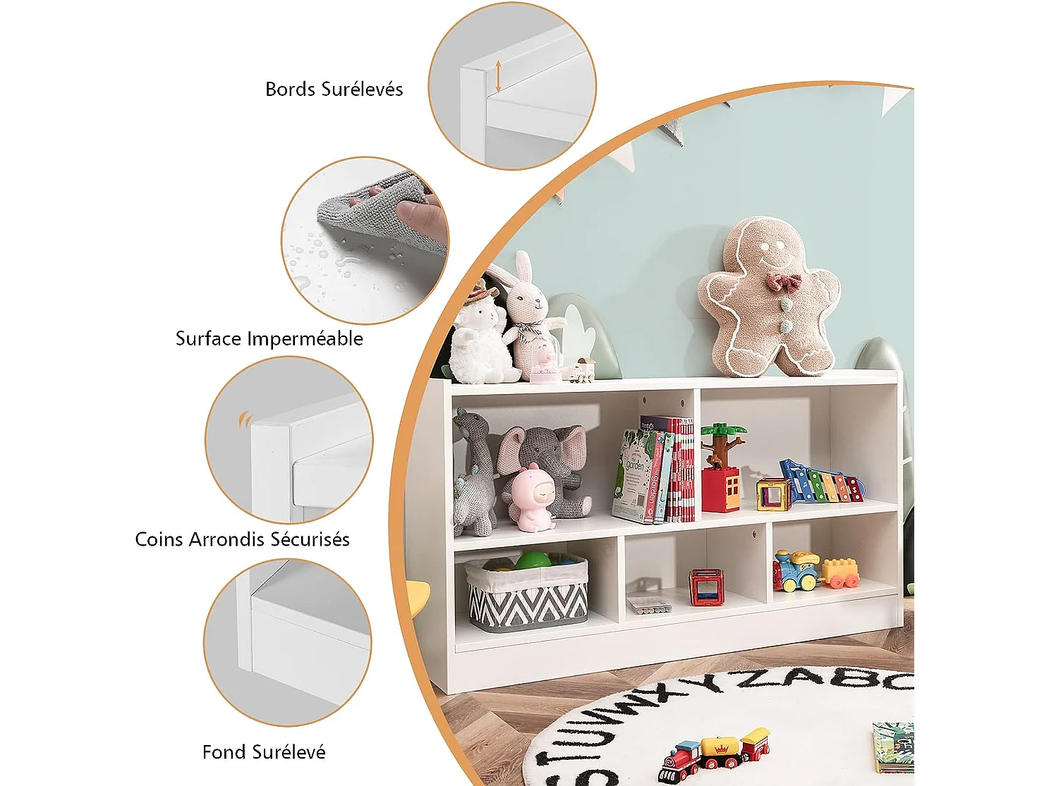 Bibliothèque pour enfants, avec 5 compartiments et patins antidérapants, 111 x 30 x 61,5 cm