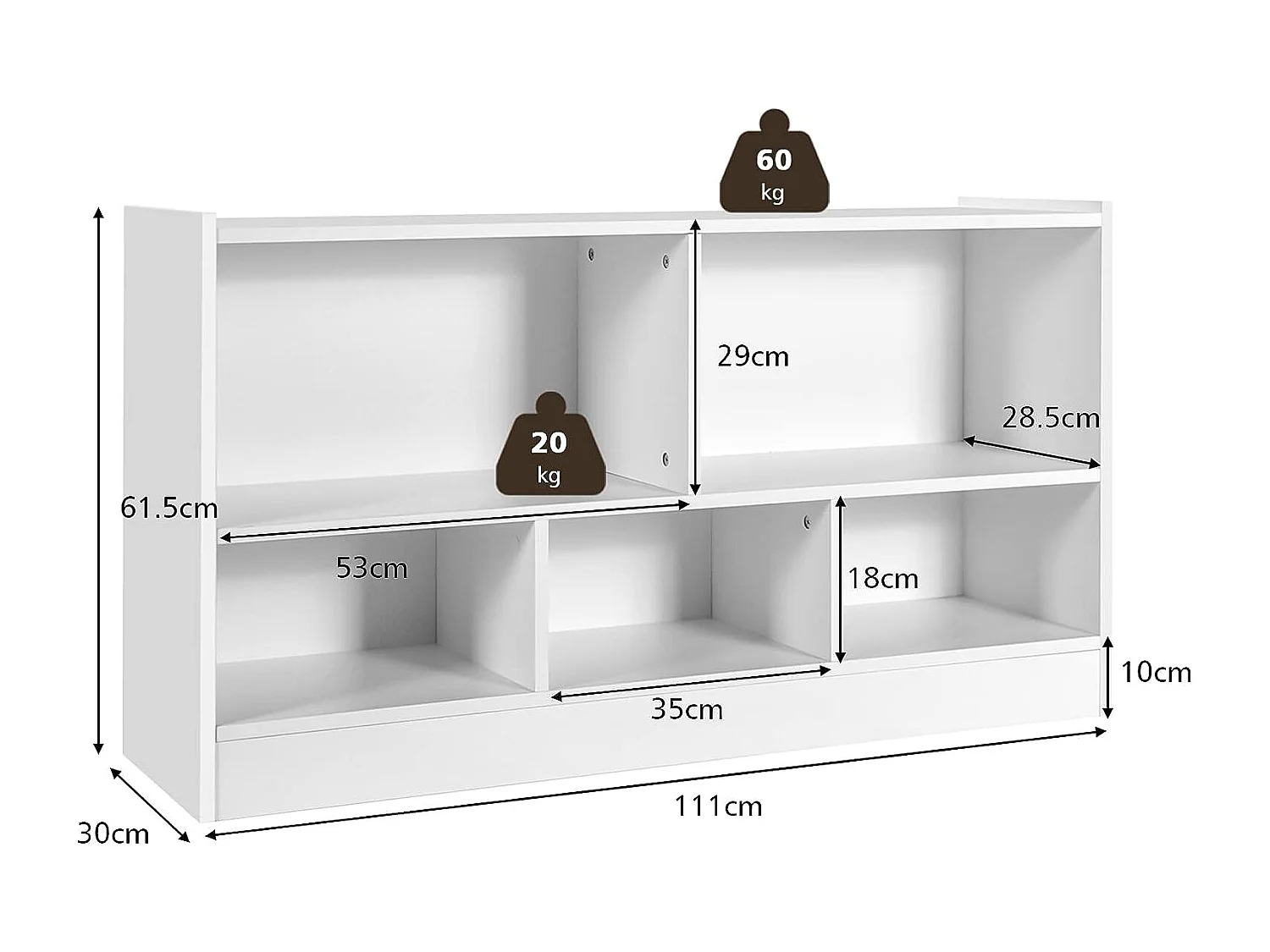 Bibliothèque pour enfants, avec 5 compartiments et patins antidérapants, 111 x 30 x 61,5 cm