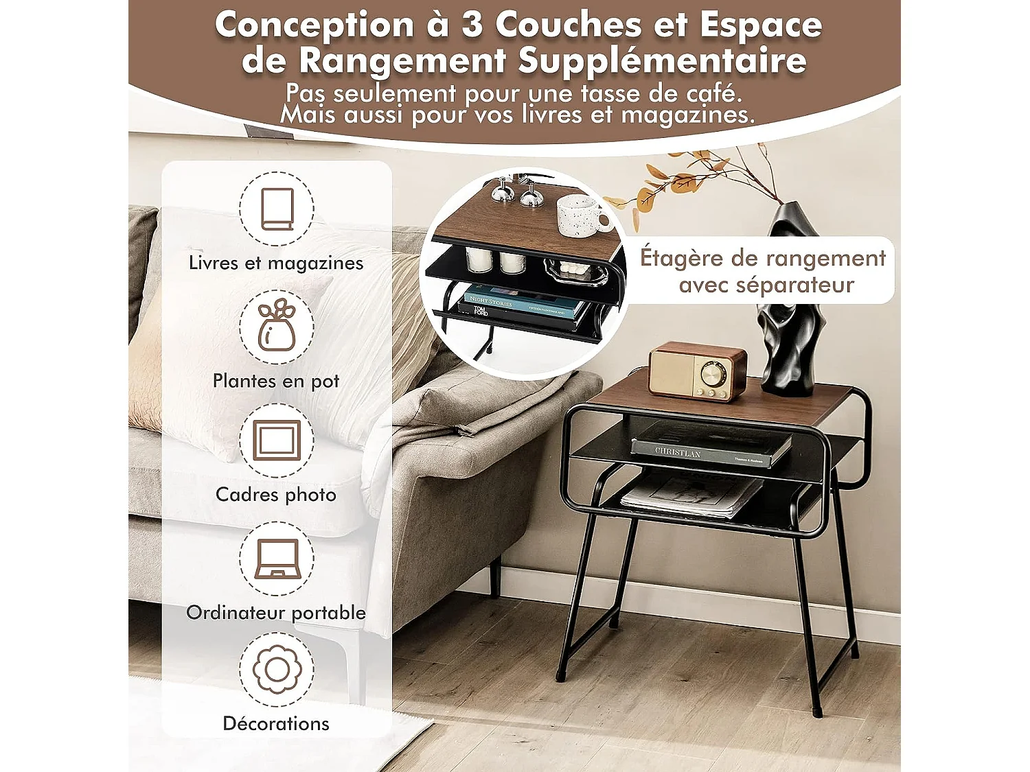 Table de Chevet, Table de Nuit de Style Industrielle avec 3 Etagères Cadre en Métal Robuste pour Chambre Salon Bureau, 50x40x55 cm