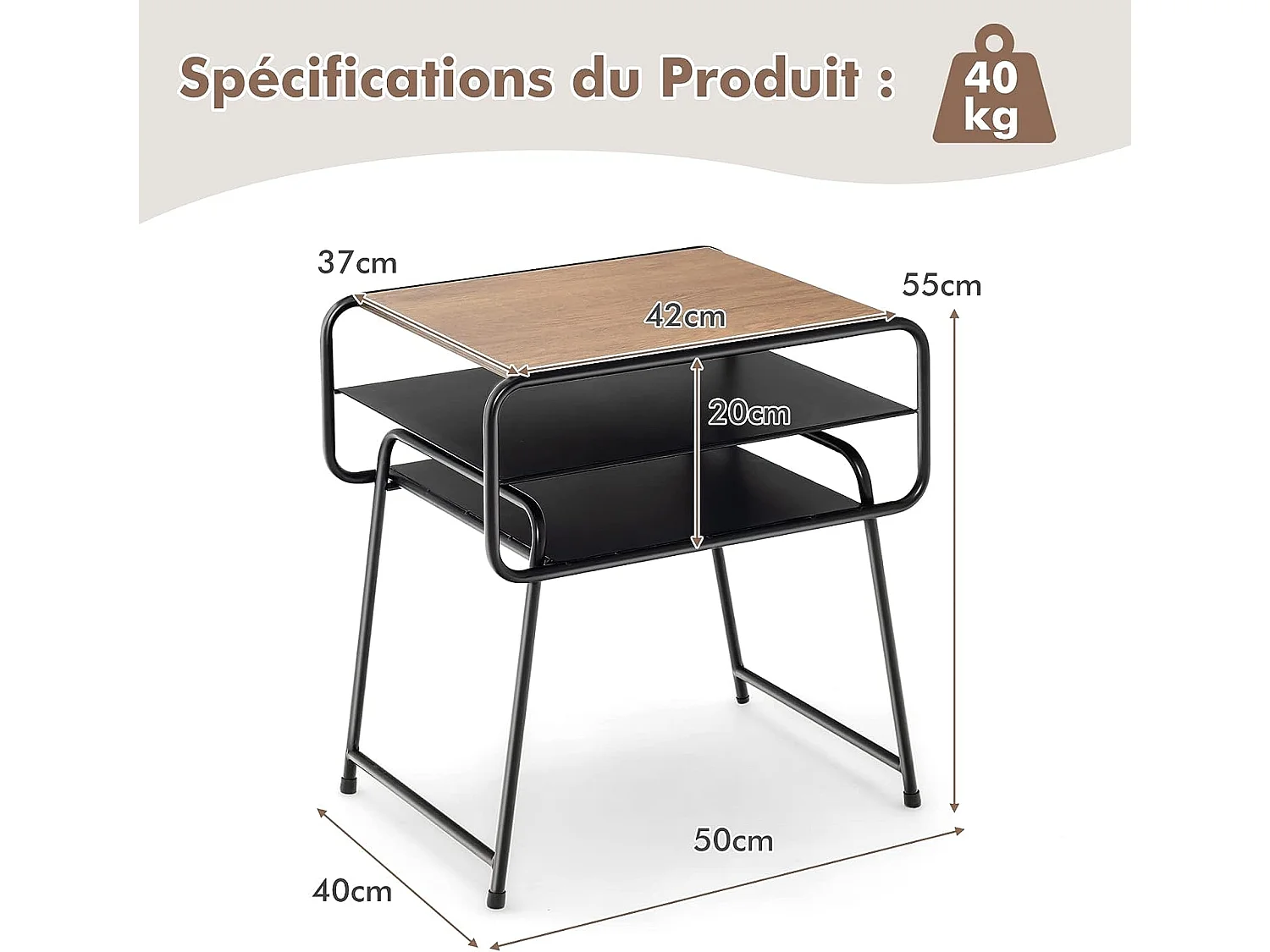 Table de Chevet, Table de Nuit de Style Industrielle avec 3 Etagères Cadre en Métal Robuste pour Chambre Salon Bureau, 50x40x55 cm