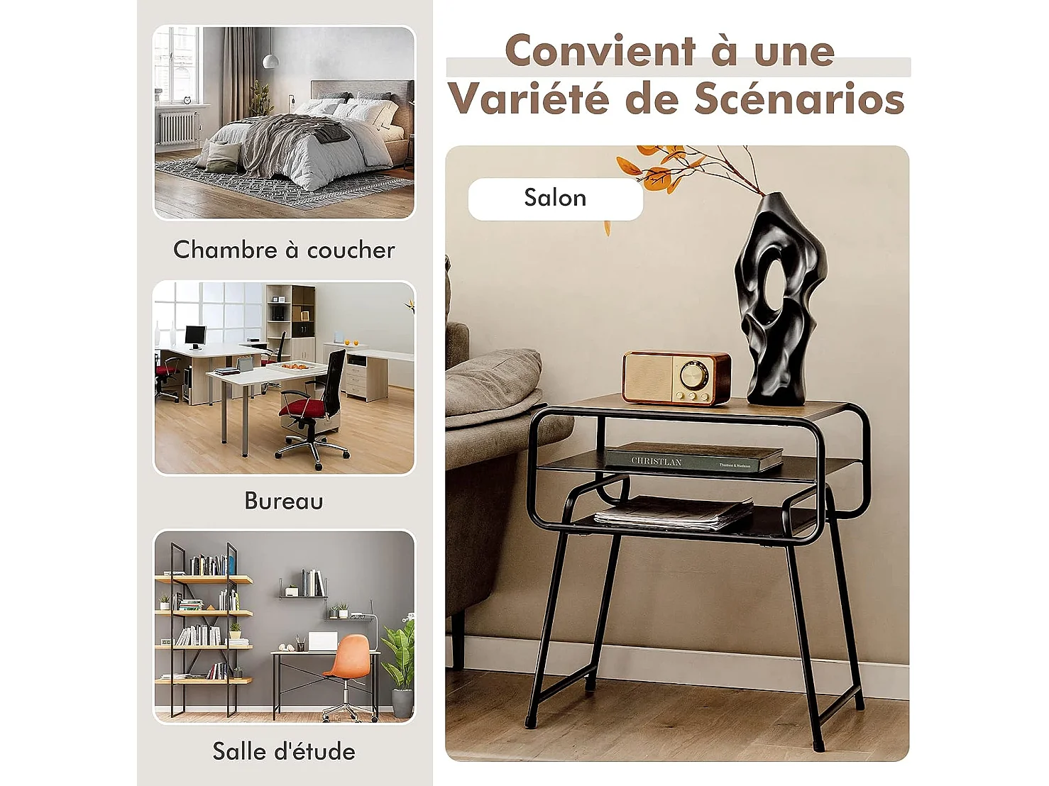 Table de Chevet, Table de Nuit de Style Industrielle avec 3 Etagères Cadre en Métal Robuste pour Chambre Salon Bureau, 50x40x55 cm