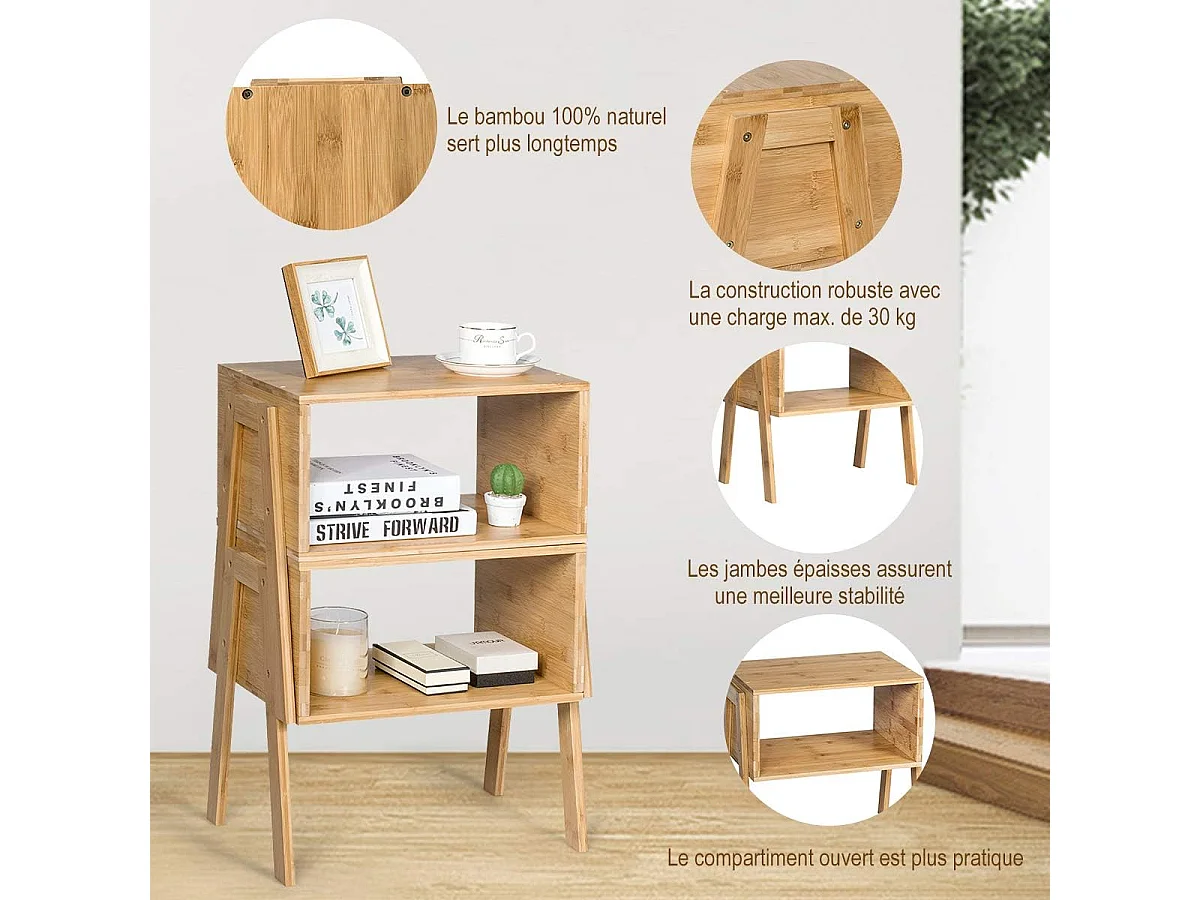 Lot de 2 Table de Chevet/Table d'Appoint avec fonction superposable-Bambou 100% naturel pour Salon, Chambre 43 x 29 x 42cm