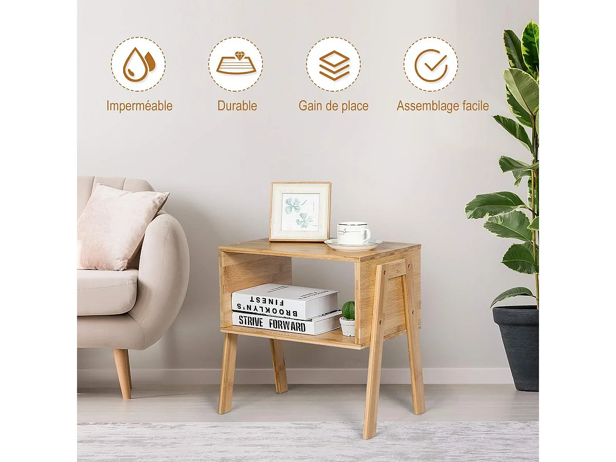 Lot de 2 Table de Chevet/Table d'Appoint avec fonction superposable-Bambou 100% naturel pour Salon, Chambre 43 x 29 x 42cm