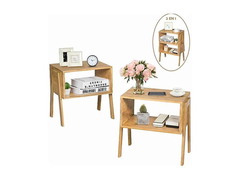 Lot de 2 Table de Chevet/Table d'Appoint avec fonction superposable-Bambou 100% naturel pour Salon, Chambre 43 x 29 x 42cm