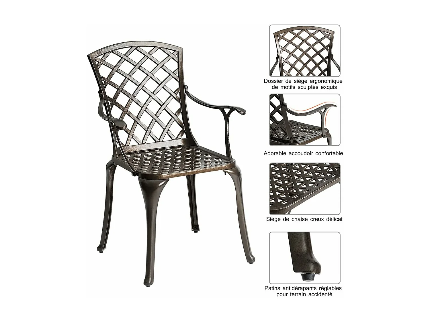 Lot de 2 chaises de salle à manger polyvalentes en fonte d'aluminium dossier/assise ajourés