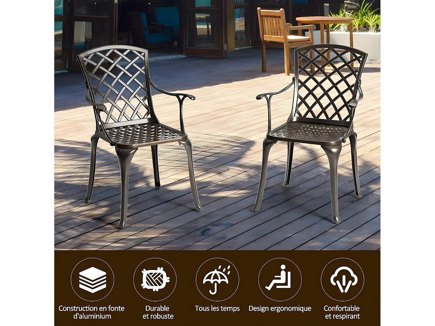 Lot de 2 chaises de salle à manger polyvalentes en fonte d'aluminium dossier/assise ajourés