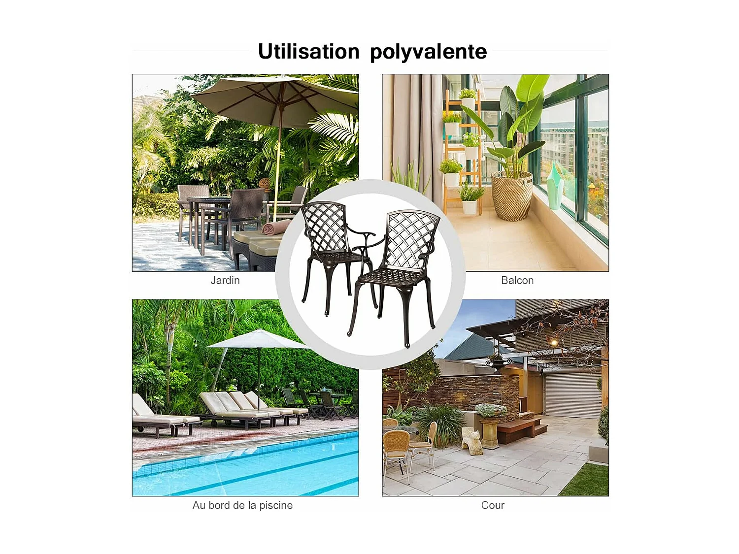 Lot de 2 chaises de salle à manger polyvalentes en fonte d'aluminium dossier/assise ajourés