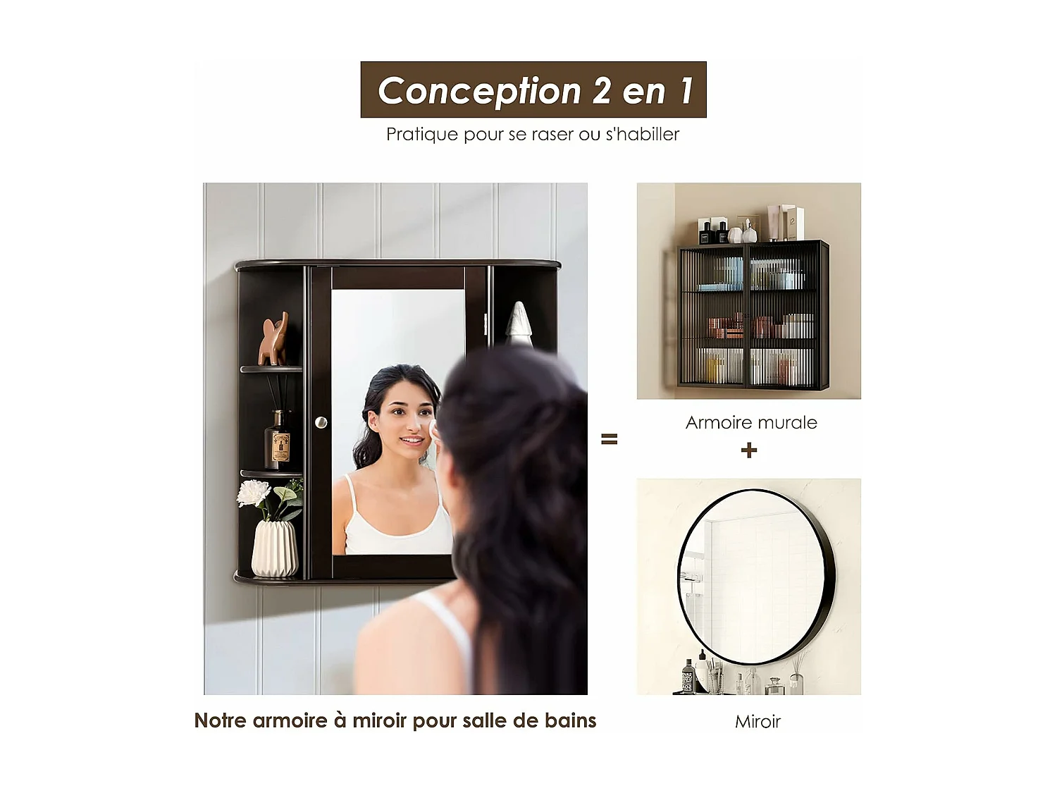 Armoire murale de salle de bains avec miroir avec etagères réglables et compartiments ouverts armoire à pharmacie