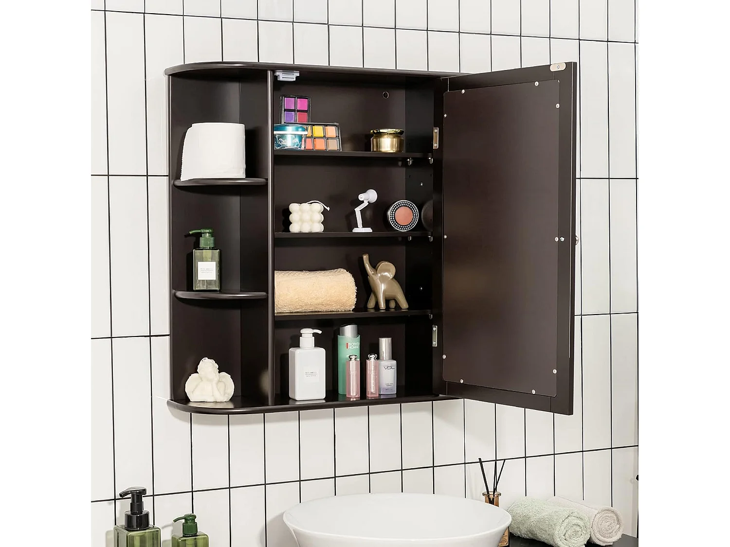 Armoire murale de salle de bains avec miroir avec etagères réglables et compartiments ouverts armoire à pharmacie