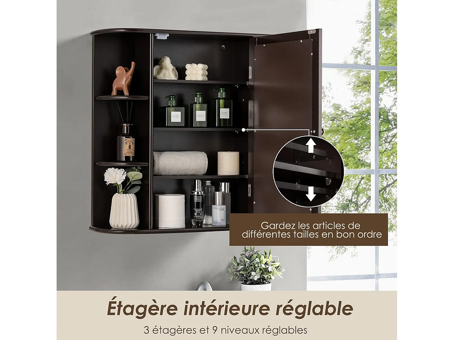 Armoire murale de salle de bains avec miroir avec etagères réglables et compartiments ouverts armoire à pharmacie