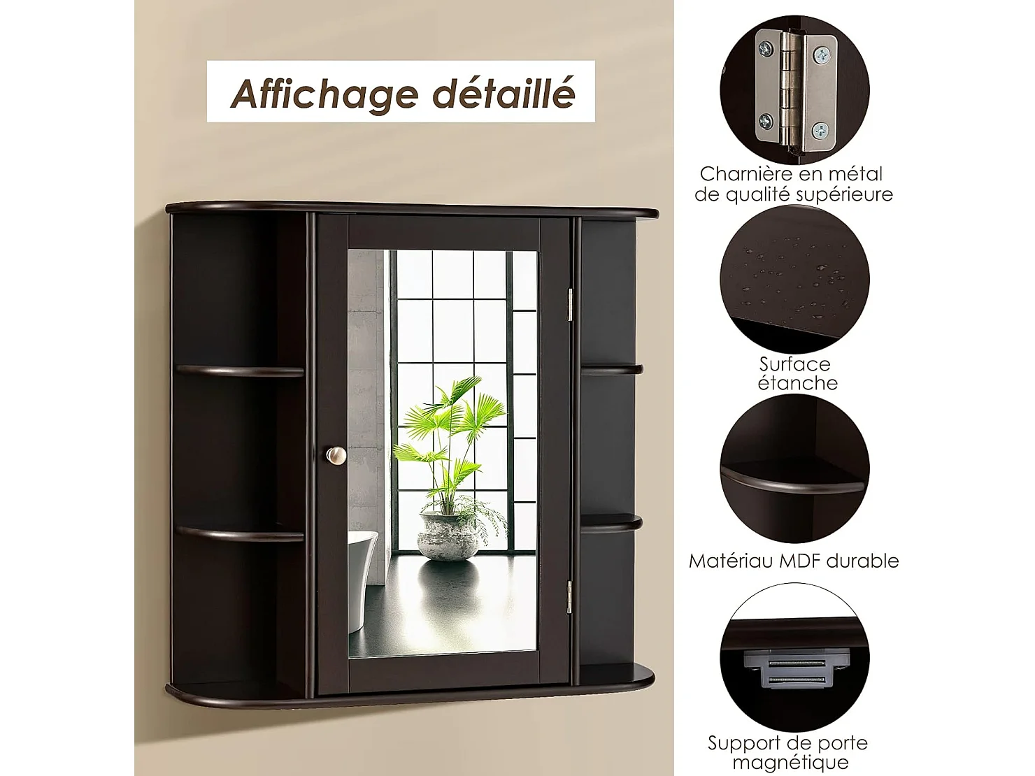 Armoire murale de salle de bains avec miroir avec etagères réglables et compartiments ouverts armoire à pharmacie