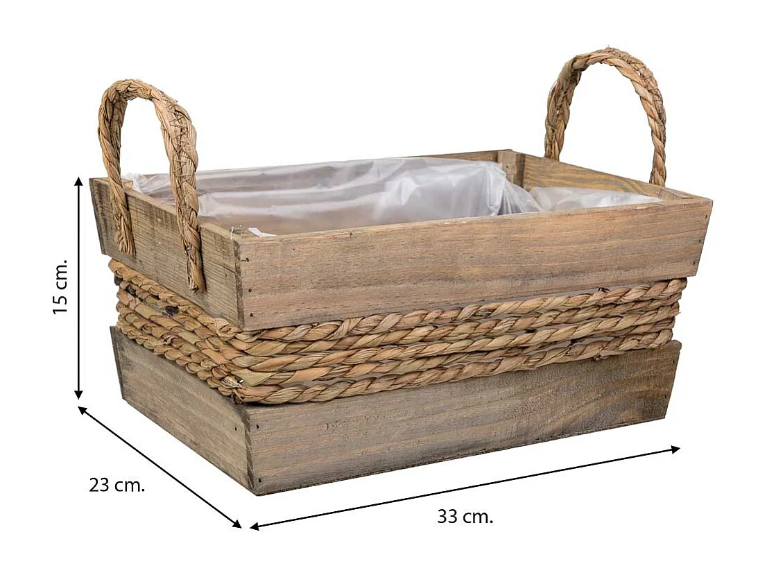 Cesto de madera y cuerda con asas marrón 33x23x15