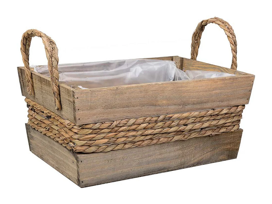 Cesto de madera y cuerda con asas marrón 33x23x15