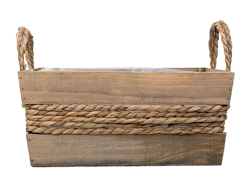 Cesto de madeira com corda e pegas de corda castanho 33x23x15