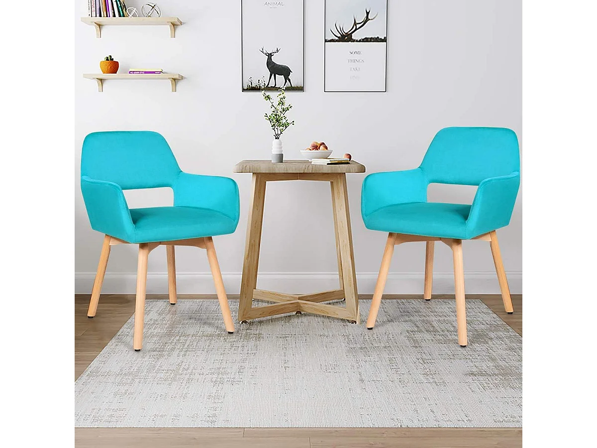 Set van 2 stoelen met armleuningen en gevoerde kussens, relaxstoelen met beukenhouten poten (blauw)
