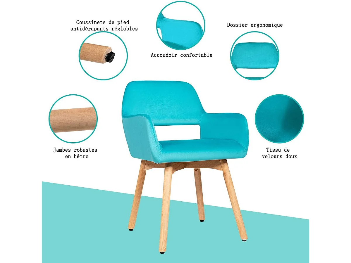 Set van 2 stoelen met armleuningen en gevoerde kussens, relaxstoelen met beukenhouten poten (blauw)