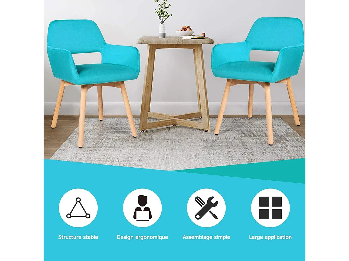 Set van 2 stoelen met armleuningen en gevoerde kussens, relaxstoelen met beukenhouten poten (blauw)