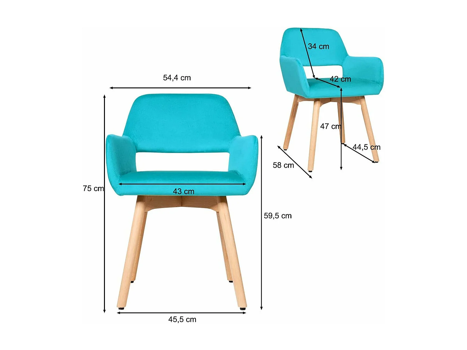 Set van 2 stoelen met armleuningen en gevoerde kussens, relaxstoelen met beukenhouten poten (blauw)