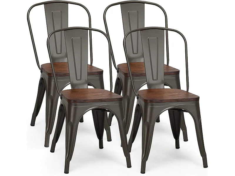 Lot de 4 Chaises en métal Industrielles-Tabouret Empilables avec assise en bois massif 52 x 44 x 84cm, Charge Max. 150kg pour Restaurant/ Bistro/Jardin/Salle à Manger