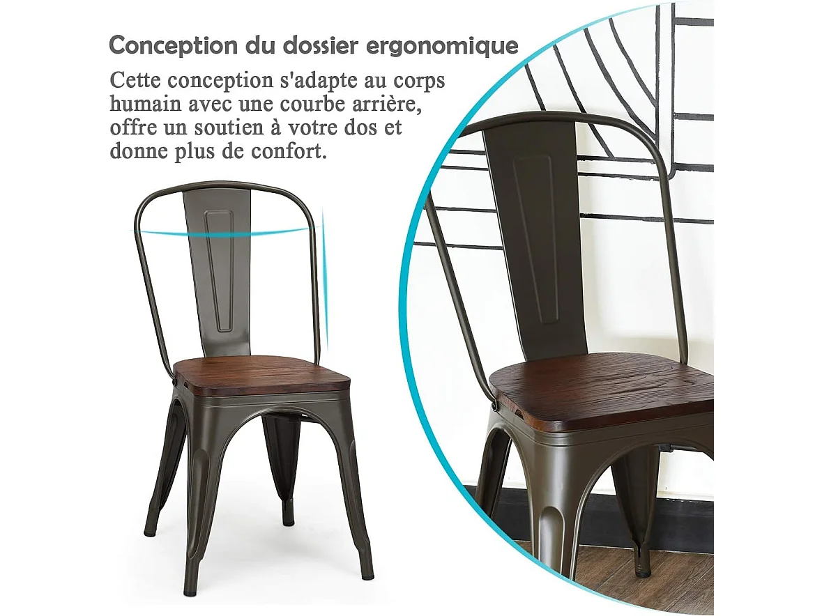Lot de 4 Chaises en métal Industrielles-Tabouret Empilables avec assise en bois massif 52 x 44 x 84cm, Charge Max. 150kg pour Restaurant/ Bistro/Jardin/Salle à Manger