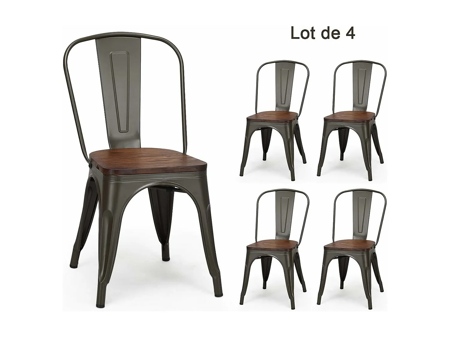 Lot de 4 Chaises en métal Industrielles-Tabouret Empilables avec assise en bois massif 52 x 44 x 84cm, Charge Max. 150kg pour Restaurant/ Bistro/Jardin/Salle à Manger