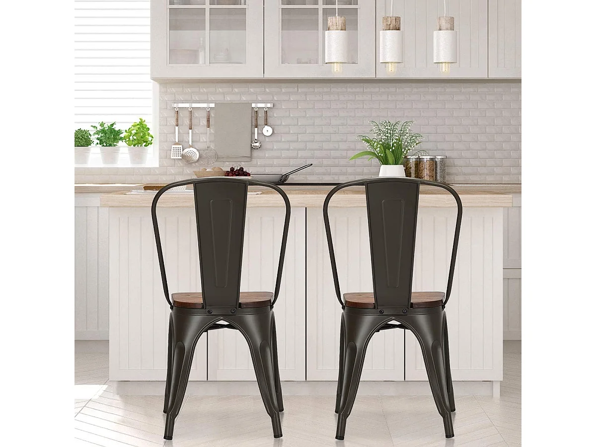 Lot de 4 Chaises en métal Industrielles-Tabouret Empilables avec assise en bois massif 52 x 44 x 84cm, Charge Max. 150kg pour Restaurant/ Bistro/Jardin/Salle à Manger