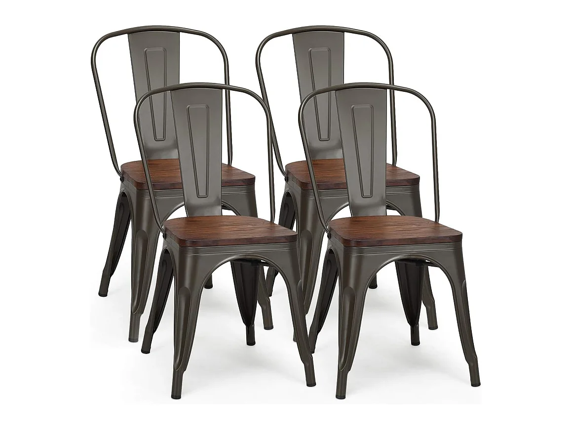 Lot de 4 Chaises en métal Industrielles-Tabouret Empilables avec assise en bois massif 52 x 44 x 84cm, Charge Max. 150kg pour Restaurant/ Bistro/Jardin/Salle à Manger