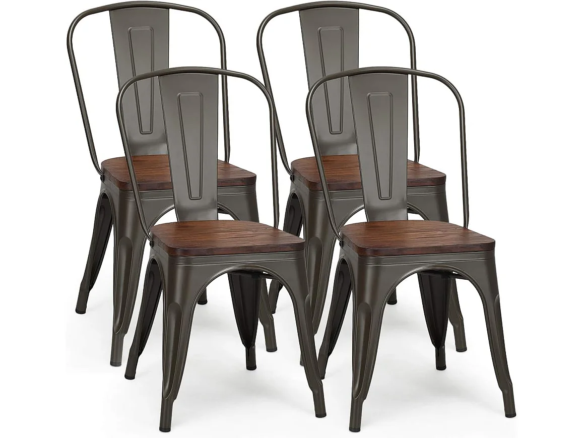 Lot de 4 Chaises en métal Industrielles-Tabouret Empilables avec assise en bois massif 52 x 44 x 84cm, Charge Max. 150kg pour Restaurant/ Bistro/Jardin/Salle à Manger