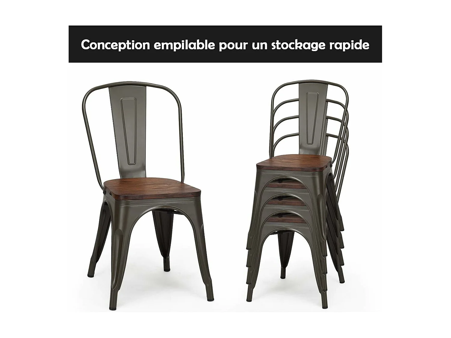 Lot de 4 Chaises en métal Industrielles-Tabouret Empilables avec assise en bois massif 52 x 44 x 84cm, Charge Max. 150kg pour Restaurant/ Bistro/Jardin/Salle à Manger