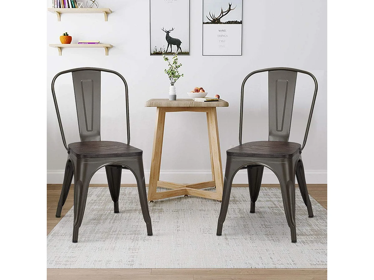 Lot de 4 Chaises en métal Industrielles-Tabouret Empilables avec assise en bois massif 52 x 44 x 84cm, Charge Max. 150kg pour Restaurant/ Bistro/Jardin/Salle à Manger