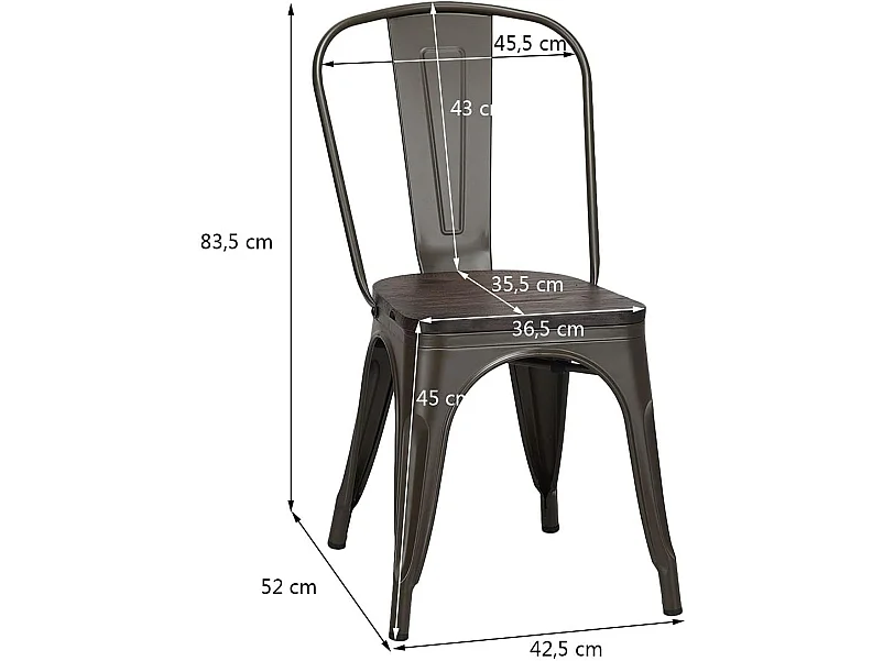 Lot de 4 Chaises en métal Industrielles-Tabouret Empilables avec assise en bois massif 52 x 44 x 84cm, Charge Max. 150kg pour Restaurant/ Bistro/Jardin/Salle à Manger