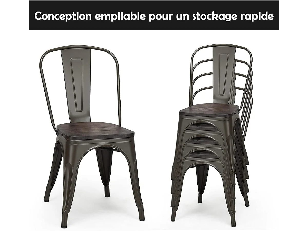 Lot de 4 Chaises en métal Industrielles-Tabouret Empilables avec assise en bois massif 52 x 44 x 84cm, Charge Max. 150kg pour Restaurant/ Bistro/Jardin/Salle à Manger
