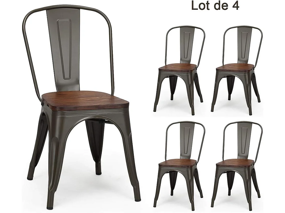 Lot de 4 Chaises en métal Industrielles-Tabouret Empilables avec assise en bois massif 52 x 44 x 84cm, Charge Max. 150kg pour Restaurant/ Bistro/Jardin/Salle à Manger