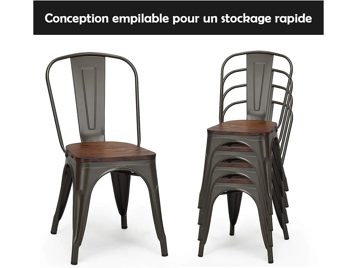 Lot de 4 Chaises en métal Industrielles-Tabouret Empilables avec assise en bois massif 52 x 44 x 84cm, Charge Max. 150kg pour Restaurant/ Bistro/Jardin/Salle à Manger