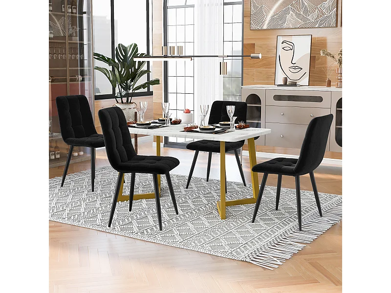 Conjunto Mesa y Sillas Mesa de comedor 117x68x75 cm Blanca con patas Doradas + 4 sillas Terciopelo Negro