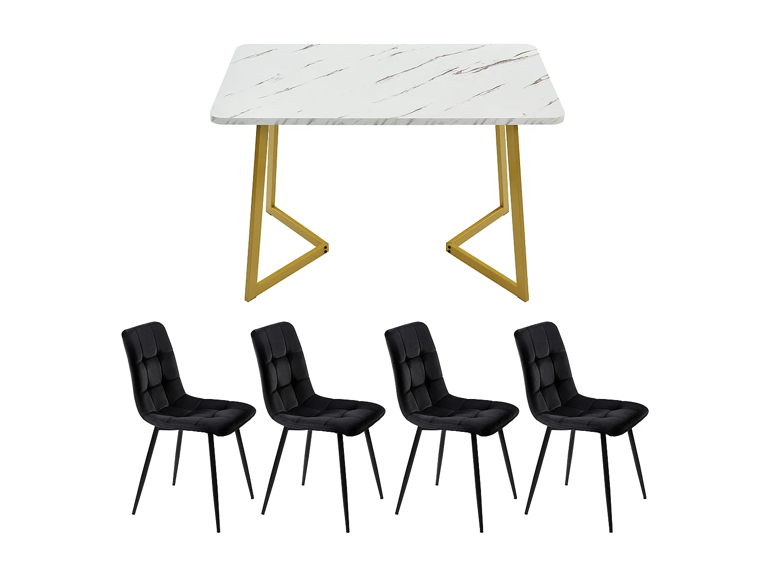 Conjunto Mesa y Sillas Mesa de comedor 117x68x75 cm Blanca con patas Doradas + 4 sillas Terciopelo Negro