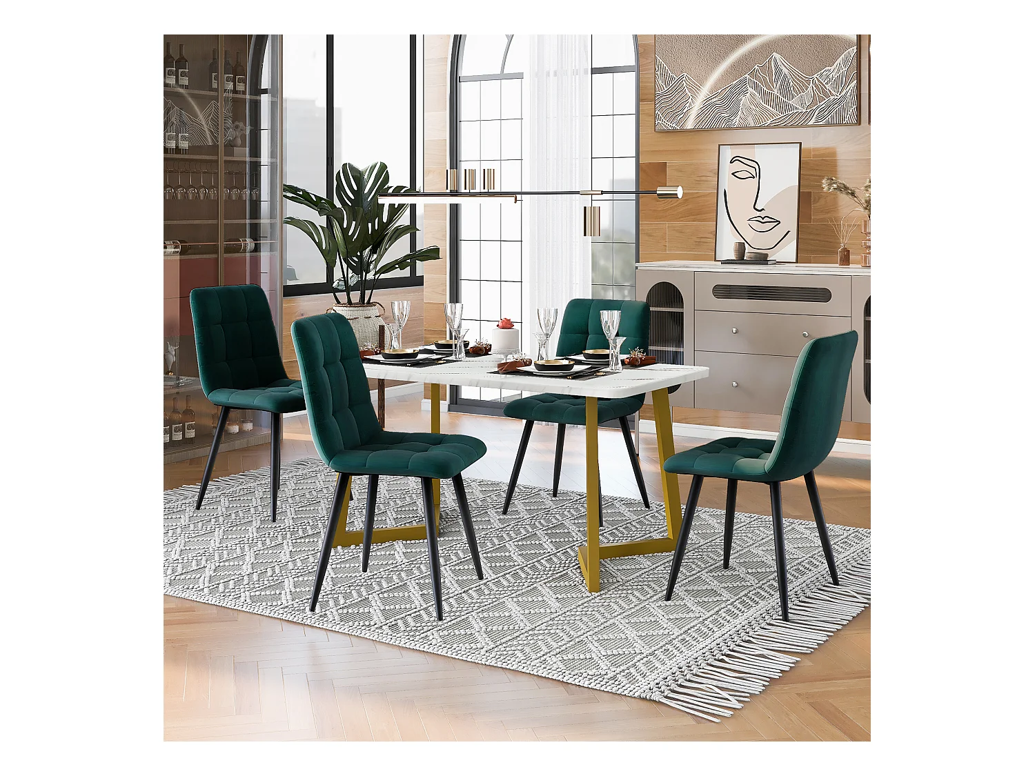 Conjunto Mesa y Sillas Mesa de comedor 117x68x75 cm Blanca con patas Doradas + 4 sillas Terciopelo Verde