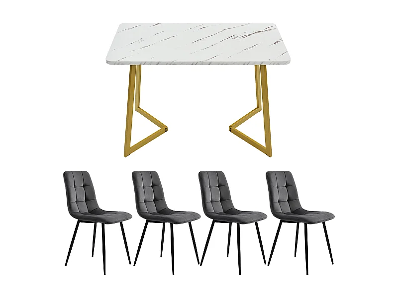 Conjunto Mesa y Sillas Mesa de comedor 117x68x75 cm Blanca con patas Doradas + 4 sillas Terciopelo Gris